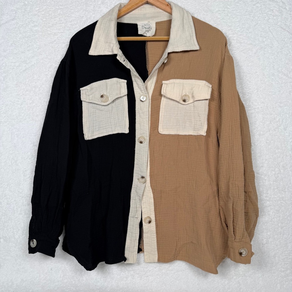 Fantastic Fawn Button Down Women M Black Tan Colorblock Gauze‎ Shacket